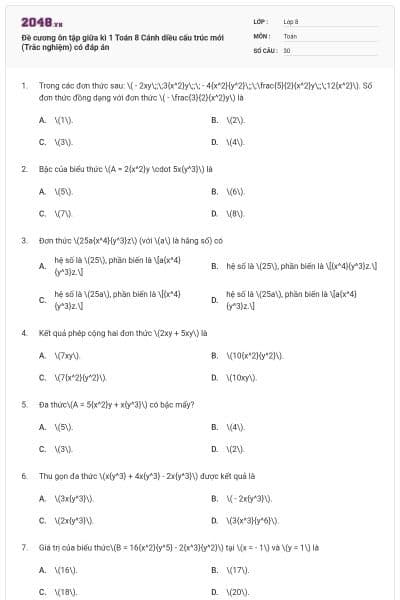 Đề cương ôn tập giữa kì 1 Toán 8 Cánh diều cấu trúc mới (Trắc nghiệm) có đáp án