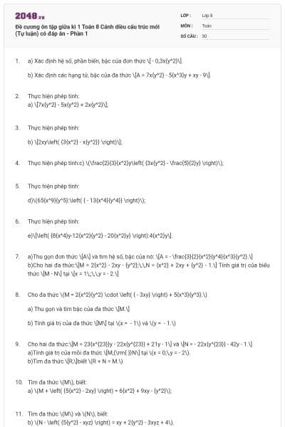 Đề cương ôn tập giữa kì 1 Toán 8 Cánh diều cấu trúc mới (Tự luận) có đáp án - Phần 1
