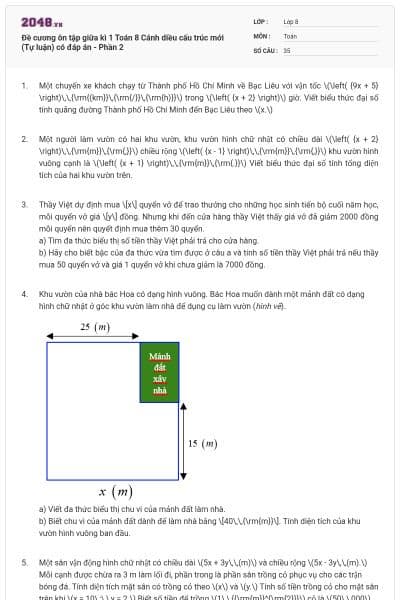 Đề cương ôn tập giữa kì 1 Toán 8 Cánh diều cấu trúc mới (Tự luận) có đáp án - Phần 2