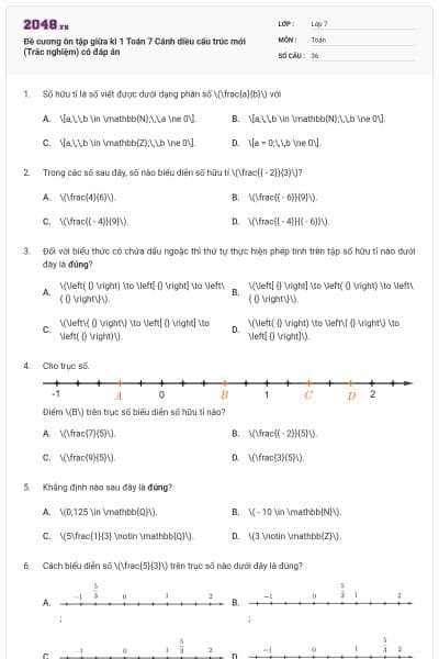 Đề cương ôn tập giữa kì 1 Toán 7 Cánh diều cấu trúc mới (Trắc nghiệm) có đáp án