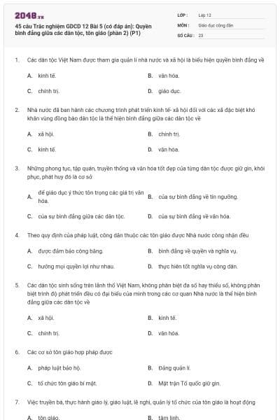 45 câu Trắc nghiệm GDCD 12 Bài 5 (có đáp án): Quyền bình đẳng giữa các dân tộc, tôn giáo (phần 2) (P1)