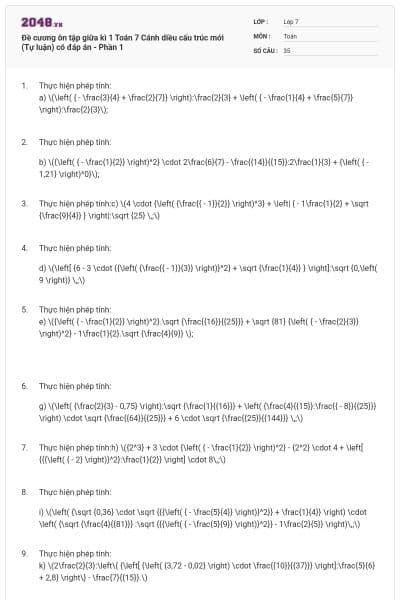 Đề cương ôn tập giữa kì 1 Toán 7 Cánh diều cấu trúc mới (Tự luận) có đáp án - Phần 1