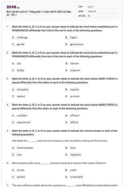 Bộ 2 đề thi cuối kì 1 Tiếng Anh 11 năm 2024-2025 có đáp án - Đề 1