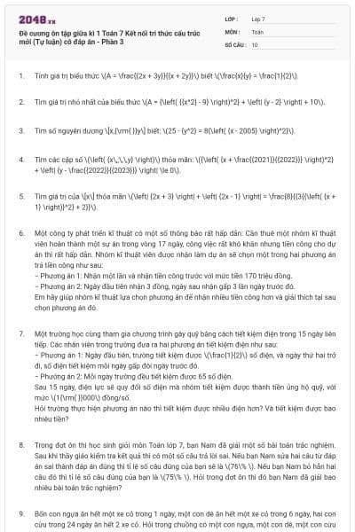 Đề cương ôn tập giữa kì 1 Toán 7 Kết nối tri thức cấu trúc mới (Tự luận) có đáp án - Phần 3