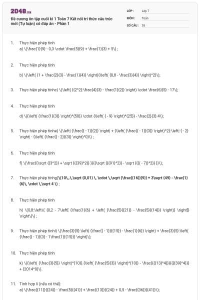 Đề cương ôn tập cuối kì 1 Toán 7 Kết nối tri thức cấu trúc mới (Tự luận) có đáp án - Phần 1