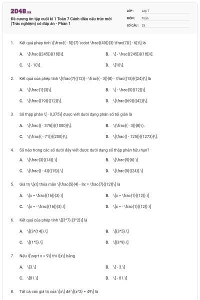 Đề cương ôn tập cuối kì 1 Toán 7 Cánh diều cấu trúc mới (Trắc nghiệm) có đáp án - Phần 1