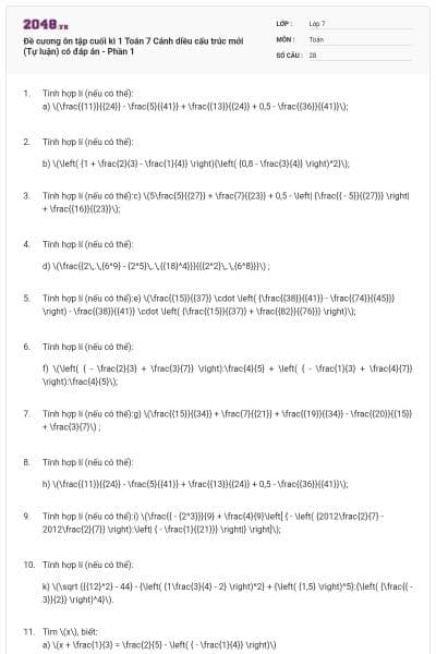 Đề cương ôn tập cuối kì 1 Toán 7 Cánh diều cấu trúc mới (Tự luận) có đáp án - Phần 1