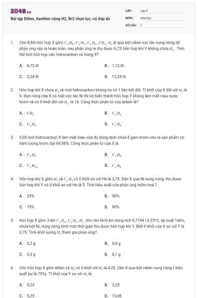 Bài tập Etilen, Axetilen cộng H2, Br2 chọn lọc, có đáp án
