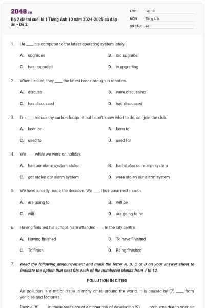 Bộ 2 đề thi cuối kì 1 Tiếng Anh 10 năm 2024-2025 có đáp án - Đề 2