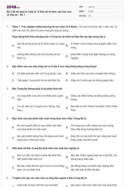 Bộ 3 đề thi giữa kì 2 Địa lý 12 Kết nối tri thức cấu trúc mới có đáp án - Đề 1