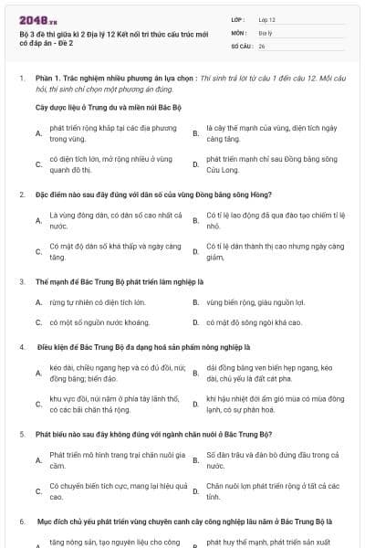 Bộ 3 đề thi giữa kì 2 Địa lý 12 Kết nối tri thức cấu trúc mới có đáp án - Đề 2