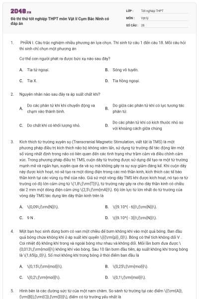 Đề thi thử tốt nghiệp THPT môn Vật lí Cụm Bắc Ninh có đáp án