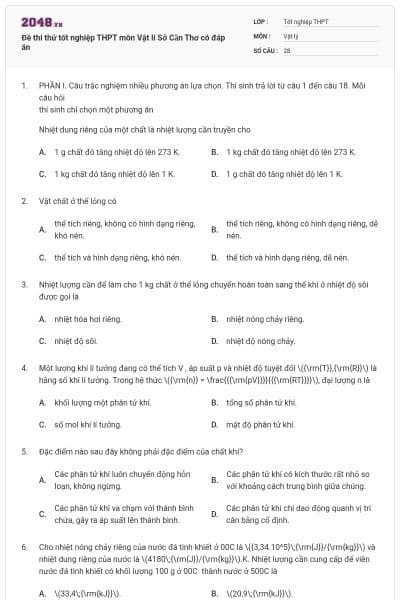 Đề thi thử tốt nghiệp THPT môn Vật lí Sở Cần Thơ có đáp án