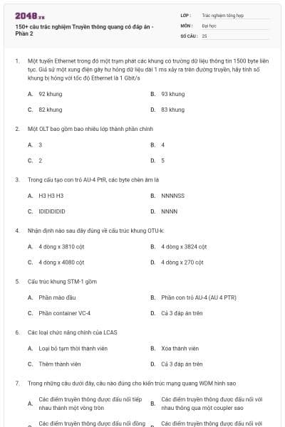 150+ câu trắc nghiệm Truyền thông quang có đáp án - Phần 2
