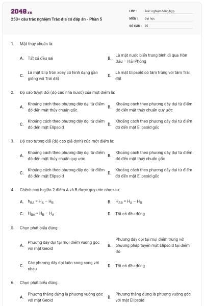 250+ câu trắc nghiệm Trắc địa có đáp án - Phần 5