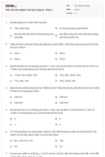 250+ câu trắc nghiệm Trắc địa có đáp án - Phần 7