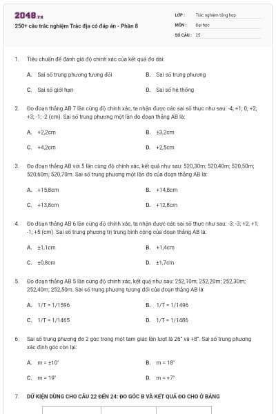 250+ câu trắc nghiệm Trắc địa có đáp án - Phần 8