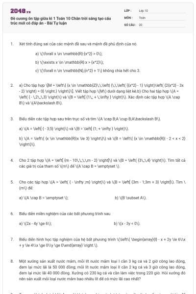 Đề cương ôn tập giữa kì 1 Toán 10 Chân trời sáng tạo cấu trúc mới có đáp án - Bài Tự luận