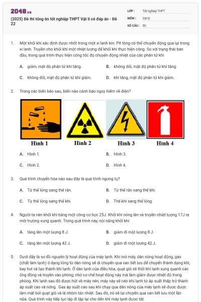 (2025) Đề thi tổng ôn tốt nghiệp THPT Vật lí có đáp án - Đề 22