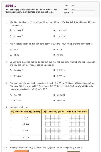 Bài tập hàng ngày Toán lớp 5 Kết nối tri thức Bài 51. Diện tích xung quanh và diện tích toàn phần của hình lập phương có đáp án