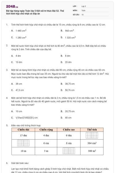 Bài tập hàng ngày Toán lớp 5 Kết nối tri thức Bài 52. Thể tích hình hộp chữ nhật có đáp án