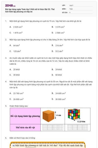 Bài tập hàng ngày Toán lớp 5 Kết nối tri thức Bài 53. Thể tích hình lập phương có đáp án