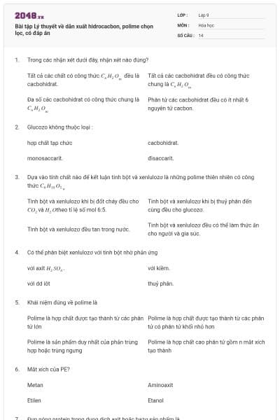 Bài tập Lý thuyết về dẫn xuất hidrocacbon, polime chọn lọc, có đáp án