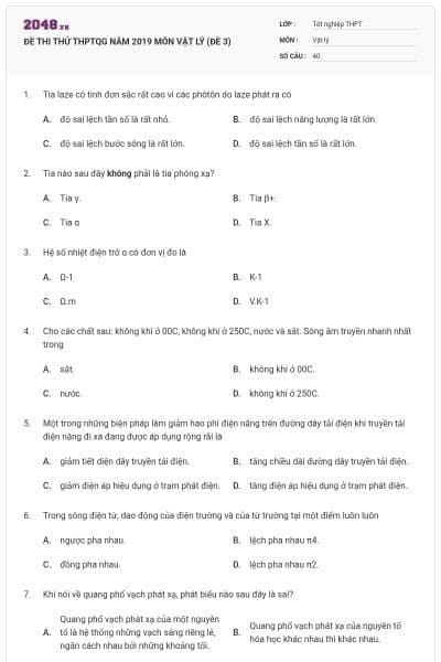ĐỀ THI THỬ THPTQG NĂM 2019 MÔN VẬT LÝ (ĐỀ 3)