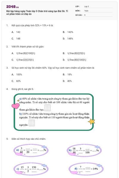 Bài tập hàng ngày Toán lớp 5 Chân trời sáng tạo Bài 56. Tỉ số phần trăm có đáp án