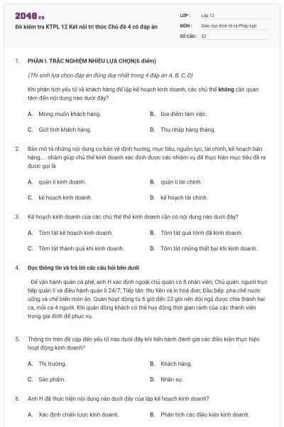 Đề kiểm tra KTPL 12 Kết nối tri thức Chủ đề 4 có đáp án