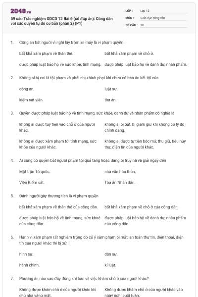 59 câu Trắc nghiệm GDCD 12 Bài 6 (có đáp án): Công dân với các quyền tự do cơ bản (phần 2) (P1)