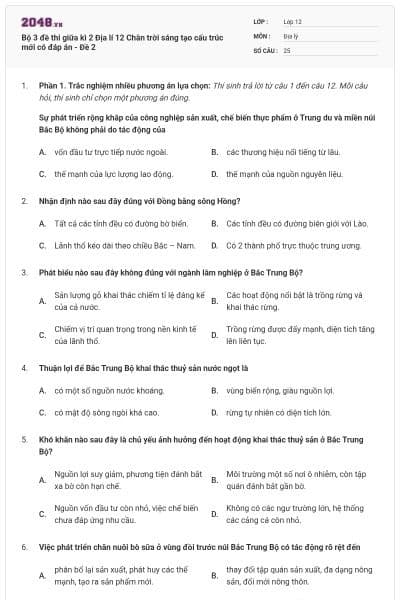 Bộ 3 đề thi giữa kì 2 Địa lí 12 Chân trời sáng tạo cấu trúc mới có đáp án - Đề 2