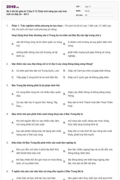 Bộ 3 đề thi giữa kì 2 Địa lí 12 Chân trời sáng tạo cấu trúc mới có đáp án - Đề 3
