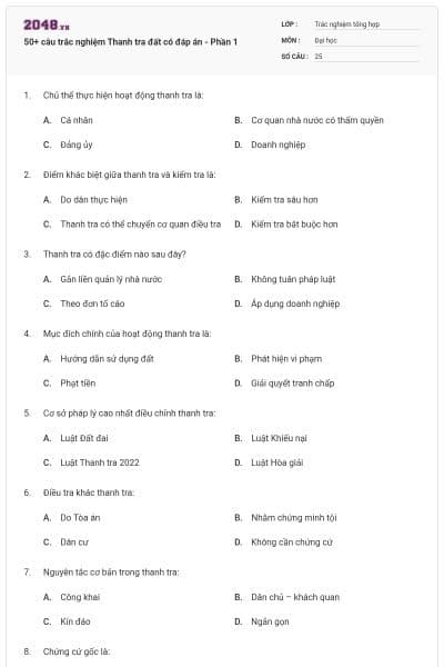 50+ câu trắc nghiệm Thanh tra đất có đáp án - Phần 1
