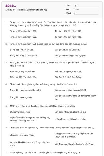 Lịch sử 11 (có đáp án) Lịch sử Việt Nam(P5)