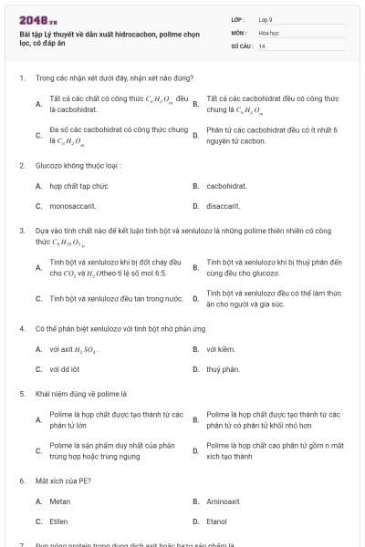 Bài tập Lý thuyết về dẫn xuất hidrocacbon, polime chọn lọc, có đáp án