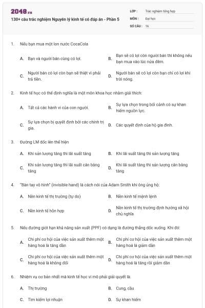 130+ câu trắc nghiệm Nguyên lý kinh tế có đáp án - Phần 5