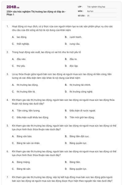 250+ câu trắc nghiệm Thị trường lao động có đáp án - Phần 1