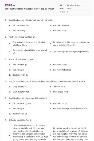 390+ câu trắc nghiệm Kinh tế bảo hiểm có đáp án - Phần 6
