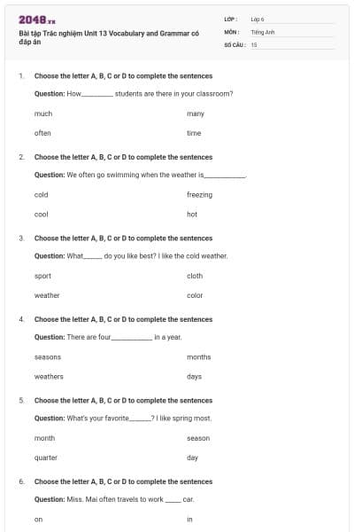 Bài tập Trắc nghiệm Unit 13 Vocabulary and Grammar có đáp án