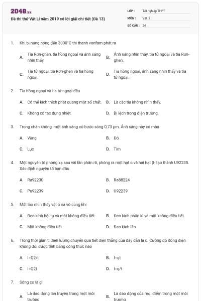 Đề thi thử Vật Lí năm 2019 có lời giải chi tiết (Đề 13)