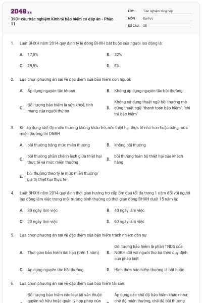390+ câu trắc nghiệm Kinh tế bảo hiểm có đáp án - Phần 11