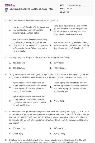 390+ câu trắc nghiệm Kinh tế bảo hiểm có đáp án - Phần 12