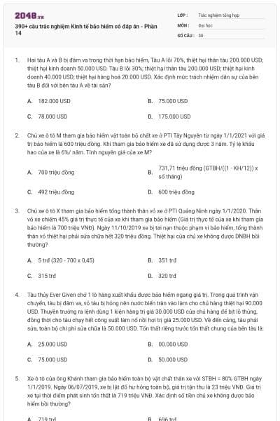 390+ câu trắc nghiệm Kinh tế bảo hiểm có đáp án - Phần 14