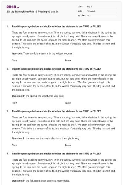 Bài tập Trắc nghiệm Unit 13 Reading có đáp án