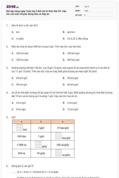 Bài tập hàng ngày Toán lớp 5 Kết nối tri thức Bài 59. Vận tốc của một chuyển động đều có đáp án