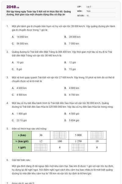 Bài tập hàng ngày Toán lớp 5 Kết nối tri thức Bài 60. Quãng đường, thời gian của một chuyển động đều có đáp án