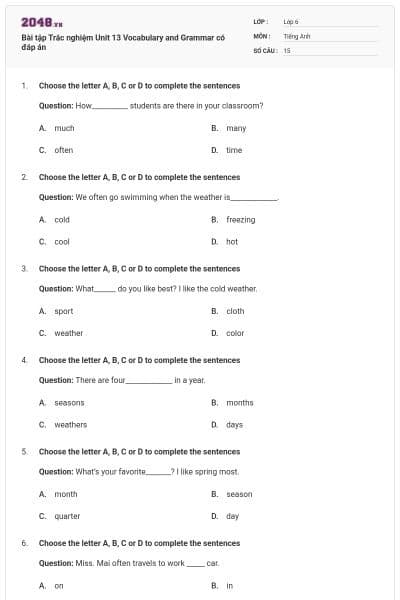 Bài tập Trắc nghiệm Unit 13 Vocabulary and Grammar có đáp án