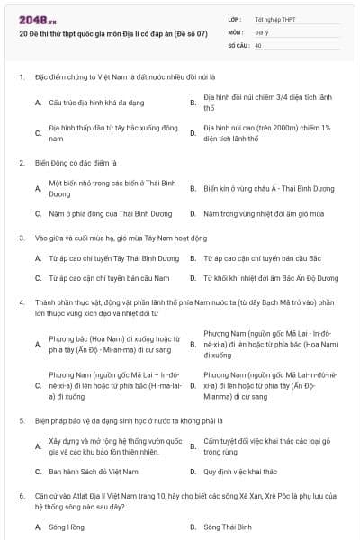 20 Đề thi thử thpt quốc gia môn Địa lí có đáp án (Đề số 07)