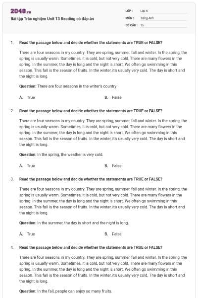 Bài tập Trắc nghiệm Unit 13 Reading có đáp án